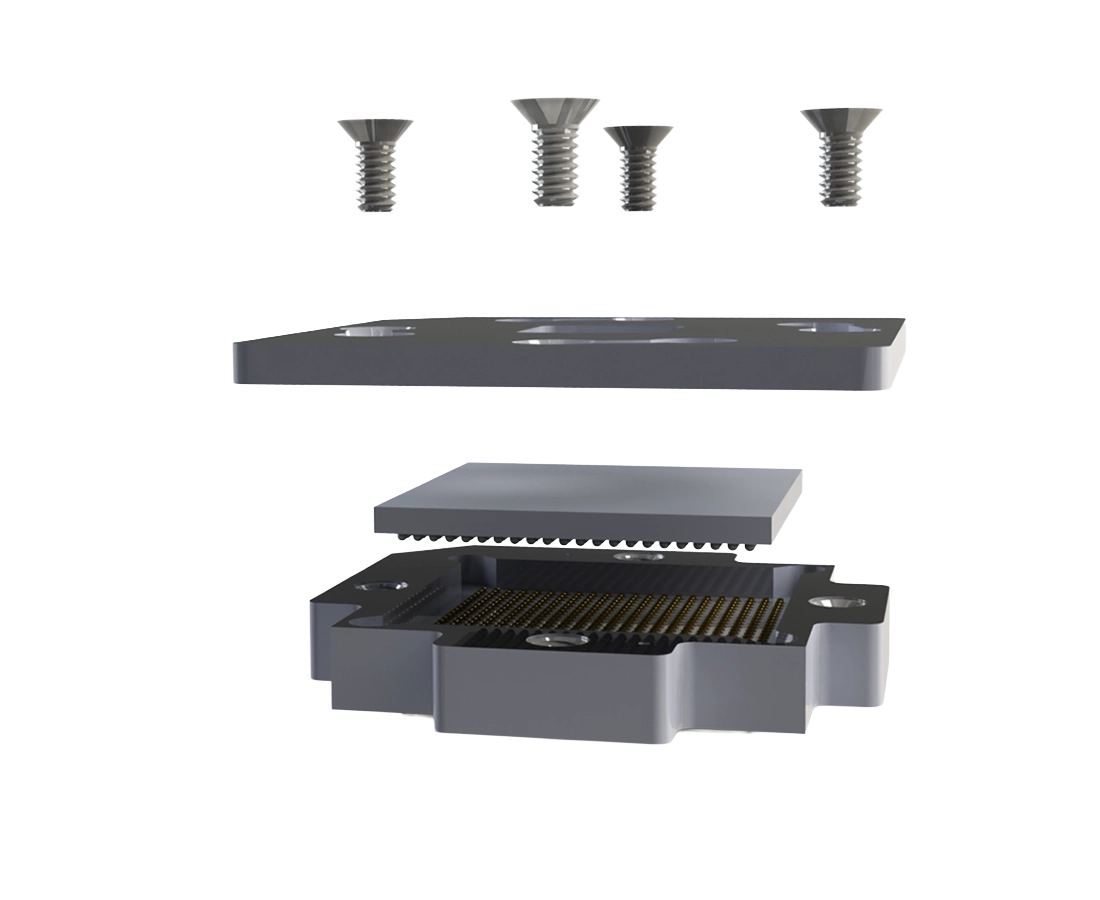 Exploded view of BL series surface mount BGA socket with compression cover and hardware