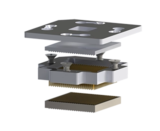 Exploded view of BL series through-hole BGA socket mated with FBS female BGA adapter