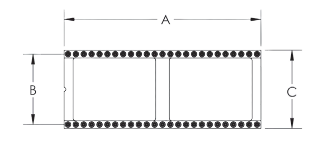DIP footprint diagram showing pin layout and dimensions A, B, and C