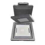 BGA integrated circuit positioned above an open IC test socket prior to engagement