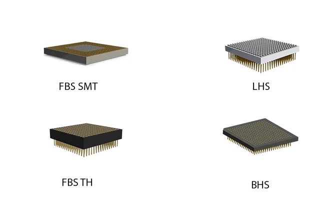 BGA and LGA headers with mating female receptacle sockets for high-density PCB interconnect applications