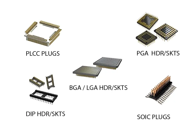 PCB headers and interconnects including PLCC plugs, PGA headers and sockets, BGA and LGA headers, DIP headers, and SOIC plugs