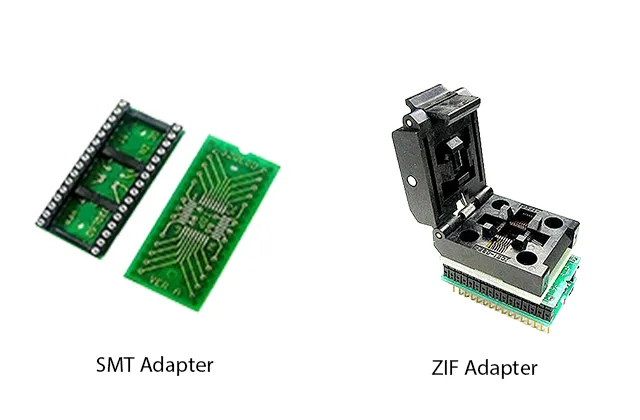QFP to DIP adapters including SMT and ZIF socket programming adapter configurations