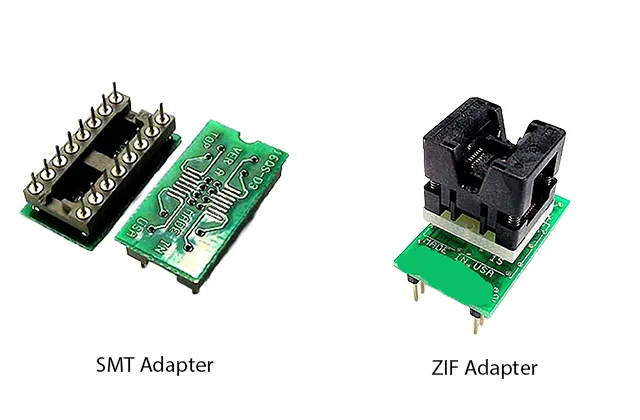 QSOP to DIP adapters including SMT and ZIF socket programming adapter configurations