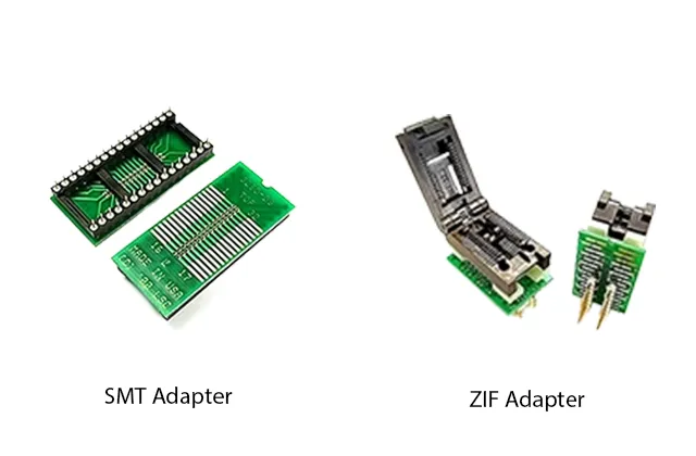 SOIC to DIP adapters including SMT and ZIF socket programming adapter configurations