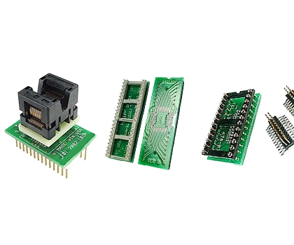 Examples of IC package conversion adapters including SOIC, QFN, and DIP interface adapters