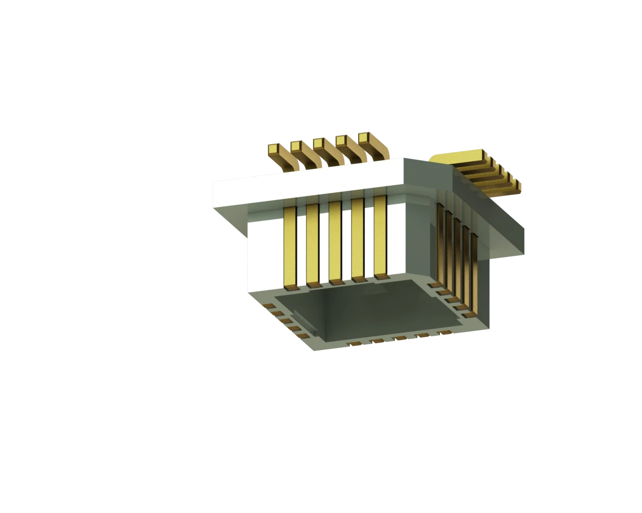 Isometric bottom view of the APW9322-ZC160 20-pin PLCC SMT Plug Adapter, highlighting its detailed design and pin configuration.