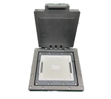 Clamshell-style spring pin IC test socket with top lid open, showing device contact area